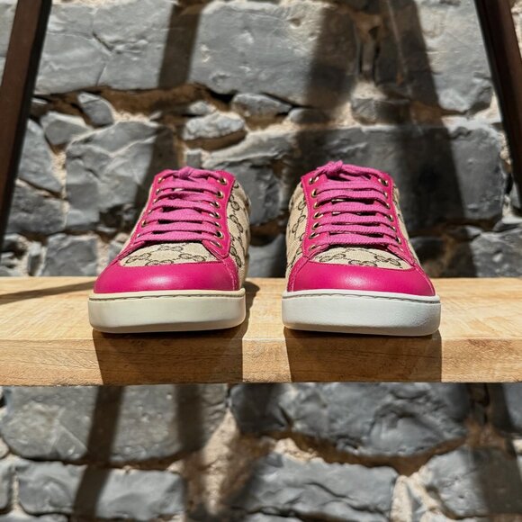 Gucci Beige GG Canvas Fuchsia Leather Brooklyn Low-top Sneakers - Picture 2 of 14